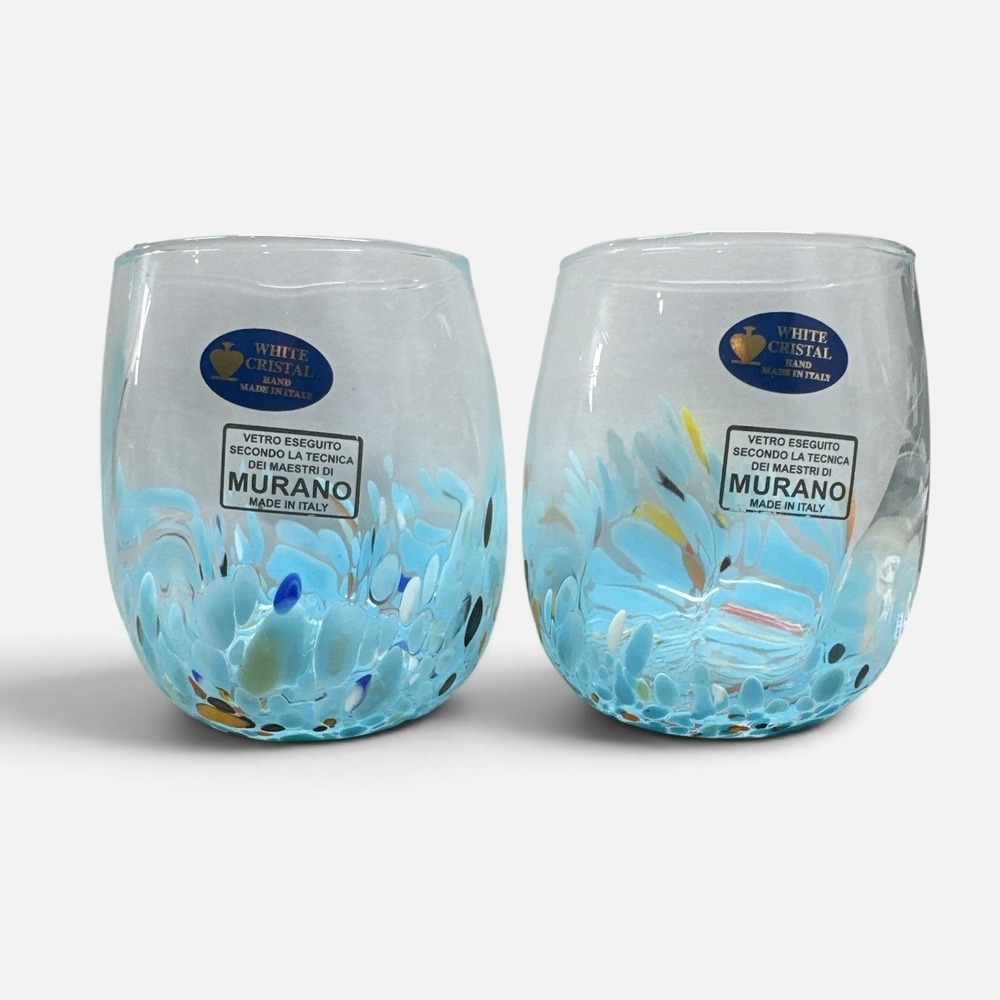 White Cristal Murano Glass Stemless Wine Glasses Blue Confetti Italy Set of 2